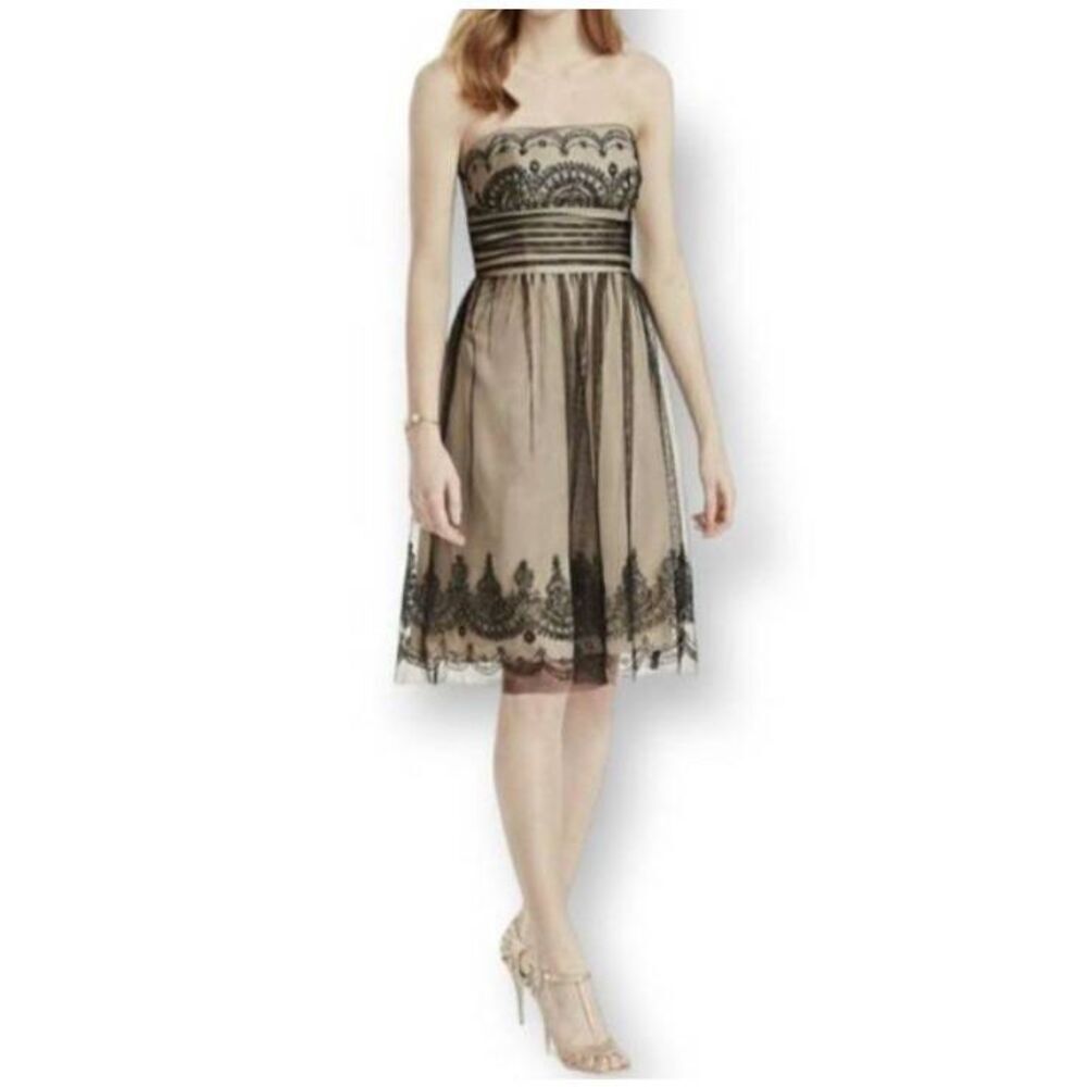 DAVID'S BRIDAL BLACK & NUDE STRAPLESS TULLE DRESS W/CAVIAR BEADING SZ.2 EUC